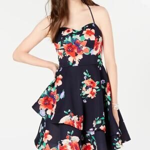 Floral Fit & Flare Dress Navy Spaghetti Strap Tiered Skirt Summer Party